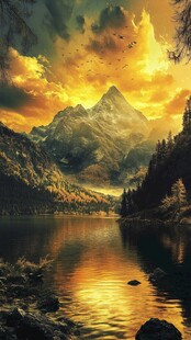 壮丽山间湖景 夕阳余晖