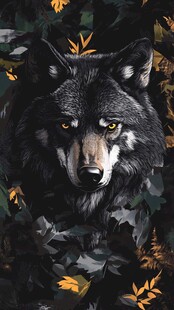 孤独苍狼于秋叶环绕间