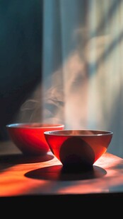 阳光下的红碗与袅袅热气