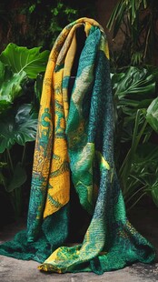 黄绿交织精美印花长围巾
