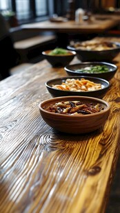 木桌摆着多样美味菜肴