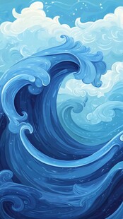 蓝色汹涌海浪奇幻插画