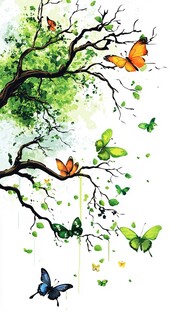 春日蝶舞于翠绿树枝间