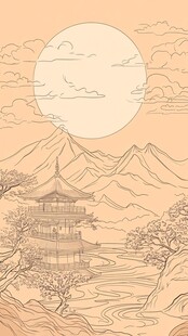古风山水楼阁夕阳图景