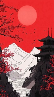 日式山水古建筑夕阳图景