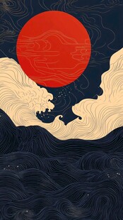 海上红月与汹涌波浪图