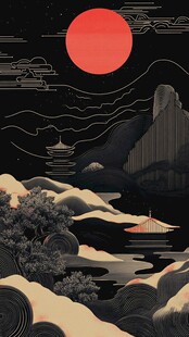 古风山水红日写意画境