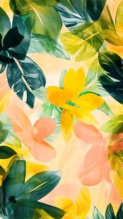 热带花卉绿叶水彩图案