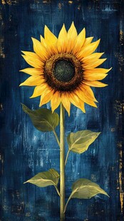 蓝色背景上的单株向日葵