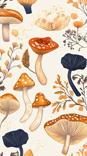 手绘蘑菇与植物装饰图案