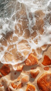 海浪拍打沙滩上的橙色石块