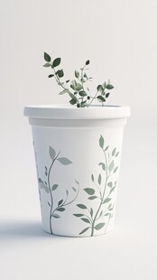 白色花纹杯中的清新绿植