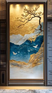 中式金蓝山水花鸟玄关壁画