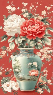 中式花瓶插盛放牡丹图