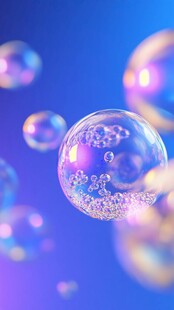 梦幻多彩泡泡漂浮于蓝天