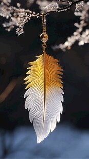 金白渐变羽毛吊坠挂于花枝