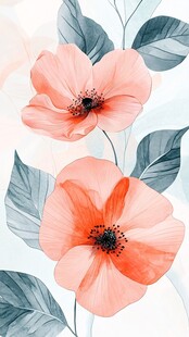 水彩绘粉色花朵与绿叶