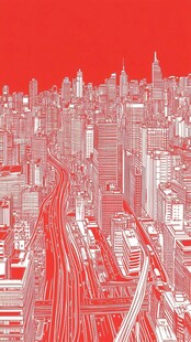 红色线条勾勒的繁华都市