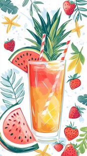 夏日缤纷水果冰饮插画