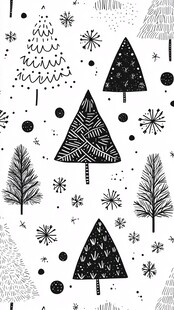 黑白手绘风圣诞树木图案