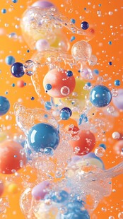 彩色泡泡在橙色背景中飞舞