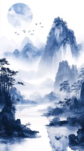 水墨山水月夜图
