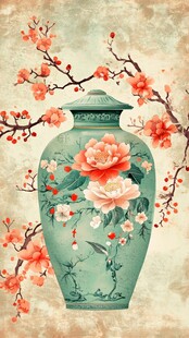 中式青花花瓶与绽放花枝