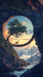 梦幻山洞中的树与鹿奇景