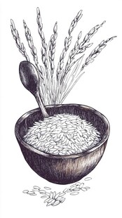 碗中稻米与稻穗手绘图