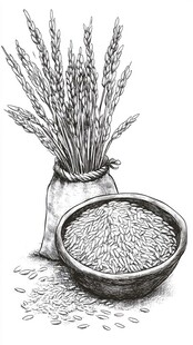 手绘稻谷与稻米场景图