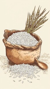 装满大米的麻袋与稻穗