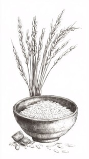 碗中稻米与稻穗素描图