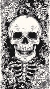 骷髅花卉黑白艺术插画