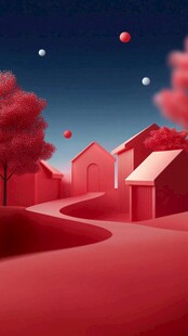 梦幻红调村庄夜景图