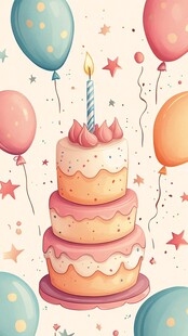 三层生日蛋糕与缤纷气球