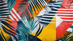 多彩几何与热带植物墙绘