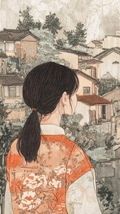 少女背身望古村景致