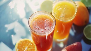 两杯鲜榨果汁与水果相伴