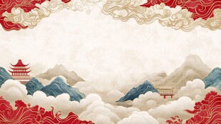 中式山水楼阁祥云背景图