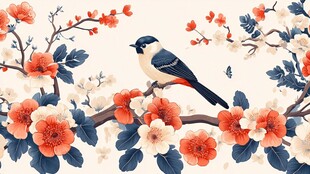 枝头鹊立 繁花相伴