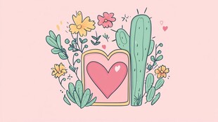 心形框中的花卉仙人掌插画