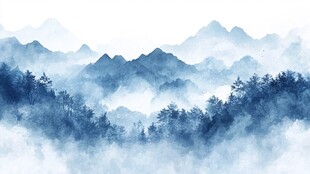 水墨群山间的缥缈云雾