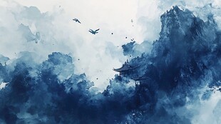 水墨山水间飞鸟翱翔