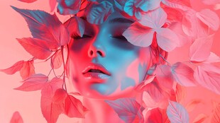 梦幻花叶环绕的唯美面庞