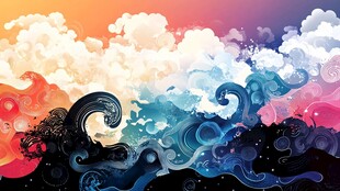 梦幻绚丽云海浪潮插画
