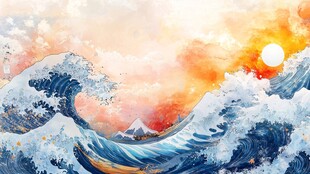 壮丽海浪与日出景观