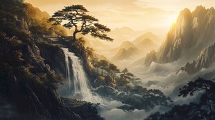 黄山日出劲松瀑布美景