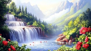 山间瀑布旁的烂漫花卉景观