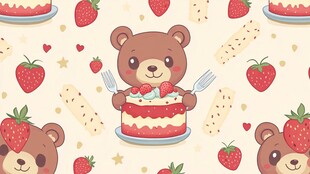 小熊与草莓蛋糕可爱图案