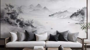 中式水墨风客厅沙发背景墙